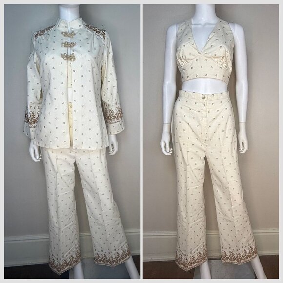 Vintage 1970s Asian 3 Piece Pant Suit Flocked Floral Border Print Halter Top